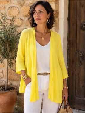 KASPER Women’s Yellow Drape Open Front Ribbed 3/4 Sleeve Cardigan Sweater XL